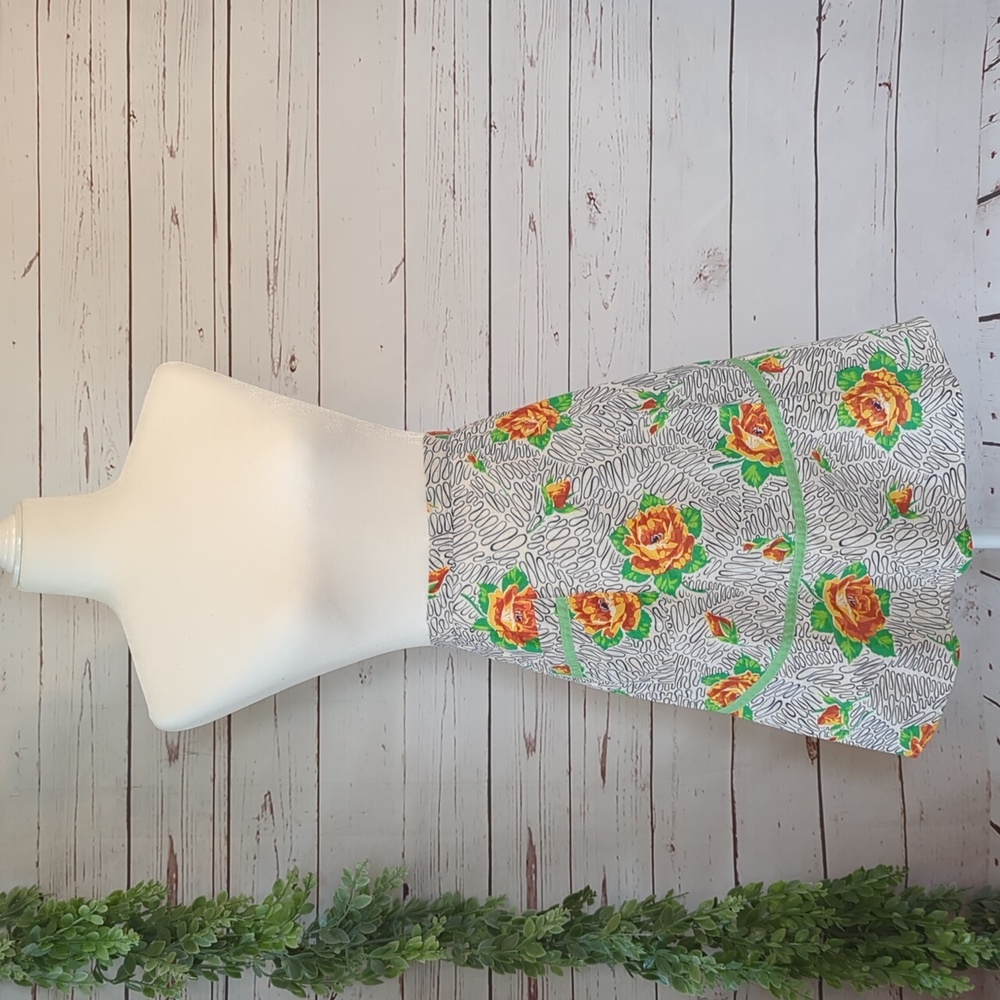 Vintage Half Apron Retro‎ Ruffle with Pocket Rose Floral White with Green Small